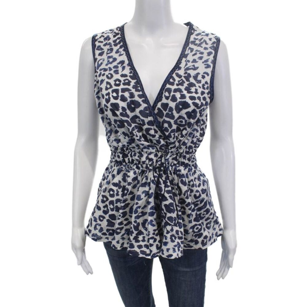 Sportmax Code Womens Sleeveless V-Neck Leopard Cotton Blouse Blue Size 10